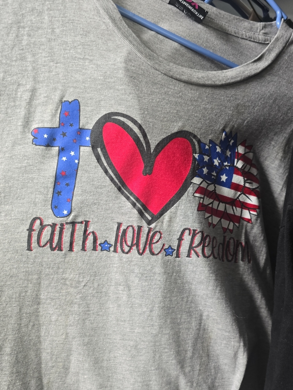 Faith Love Freedom Short Sleeve Tee - Grey with Red & Blue Graphic